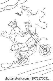 coloring book A cat riding a motorcycle line art hand drawn artwork vector illustration a4