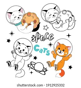 Coloring book cat and space planets on a white background isolated. Vector cartoon illustration