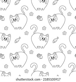 Coloring book. The cats are standing. Pattern with cute cartoon cats, funny children's print with pets. Vector illustration