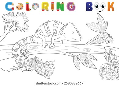 Coloring book of a chameleon with insects on tree, vector catoon illustration