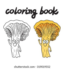 Coloring book with chanterelle, a edible mushroom.