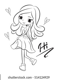 Coloring book, Charming girl wearing summer dress. She is standing and looking back. illustration vector.