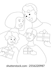 Coloring Book with cheerful family with children as cheering concept, outline Christmas vector stock illustration, Christmas mood