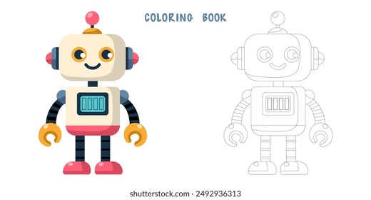 Libro para colorear de dibujos animados divertidos alegres robot infantil. Dibujo para colorear de cyborg lindo, bot moderno futurista, androide, personaje sonriente en Ilustración vectorial plana aislado sobre fondo blanco.