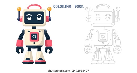 Coloring book of cheerful funny cartoon children's robot. Coloring page of cute cyborg, futuristic modern bot, android, smiling character in flat vector illustration isolated on white background.