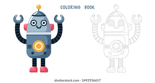 Coloring book of cheerful funny cartoon children's robot. Coloring page of cute cyborg, futuristic modern bot, android, smiling character in flat vector illustration isolated on white background.