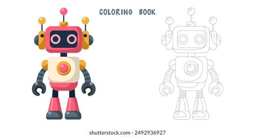 Libro para colorear de dibujos animados divertidos alegres robot infantil. Dibujo para colorear de cyborg lindo, bot moderno futurista, androide, personaje sonriente en Ilustración vectorial plana aislado sobre fondo blanco.