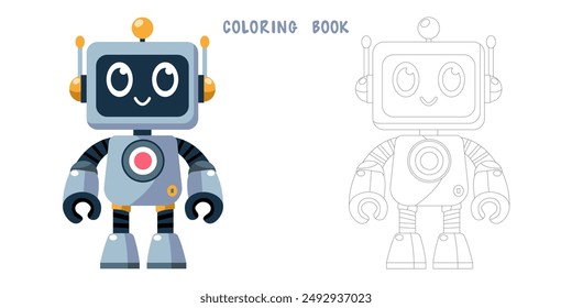 Libro para colorear de dibujos animados divertidos alegres robot infantil. Dibujo para colorear de cyborg lindo, bot moderno futurista, androide, personaje sonriente en Ilustración vectorial plana aislado sobre fondo blanco.