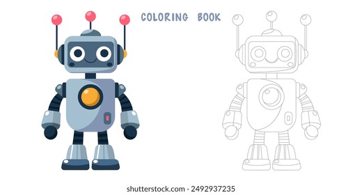 Libro para colorear de dibujos animados divertidos alegres robot infantil. Dibujo para colorear de cyborg lindo, bot moderno futurista, androide, personaje sonriente en Ilustración vectorial plana aislado sobre fondo blanco.