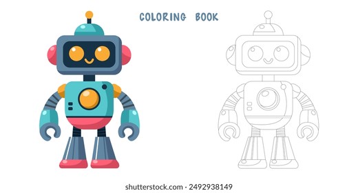 Libro para colorear de dibujos animados divertidos alegres robot infantil. Dibujo para colorear de cyborg lindo, bot moderno futurista, androide, personaje sonriente en Ilustración vectorial plana aislado sobre fondo blanco.