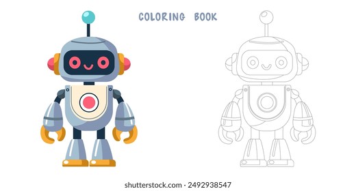 Coloring book of cheerful funny cartoon children's robot. Coloring page of cute cyborg, futuristic modern bot, android, smiling character in flat vector illustration isolated on white background.
