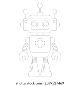 Coloring book of cheerful funny cartoon children's robot. Coloring page of cute cyborg, futuristic modern bot, android, smiling character in flat vector illustration isolated on white background.