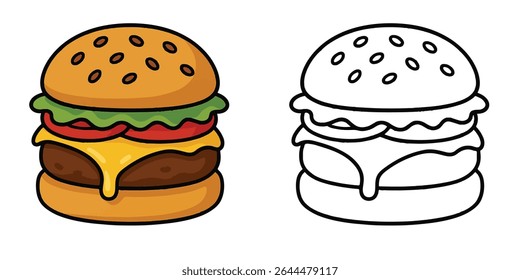Coloring book of a cheeseburger with dripping cheese on a white background illustration