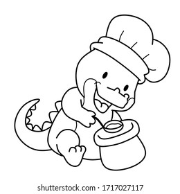 Coloring book chef crocodile cooks very tasty soup. Vector illustration. Coloring book page