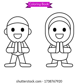 libro de colorido diseño de personaje chibi lindo moslem hombre mujer mujer feliz eid mubarak
