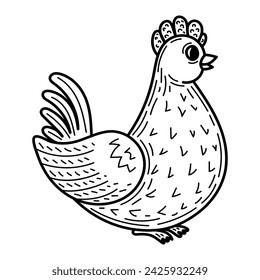 Coloring book chicken sketch. Cute bird. Farm animal. Hand drawn vector illustration.