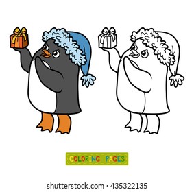 Coloring book for chidlren, cute penguin with christmas gift