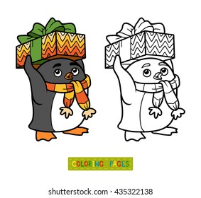 Coloring book for chidlren, cute penguin with christmas gift