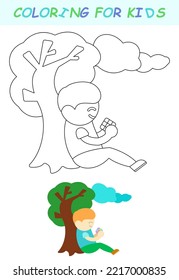 Farbbuch, Kind mit einem Würfel unter einem Baum. Kontur-Färbung für Kinder. Kinderentwicklung in Farben.