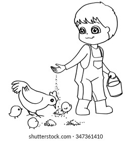 Coloring book  child feeding chicken vector
