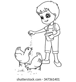 Coloring book  child feeding chickens vector
