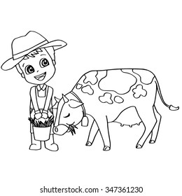 Coloring book child feeding cow vector
