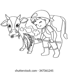 Coloring book child feeding cows vector
