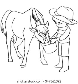 Coloring book child feeding horse vector
