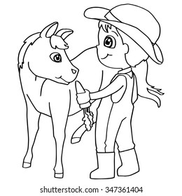 Coloring book child feeding horses vector