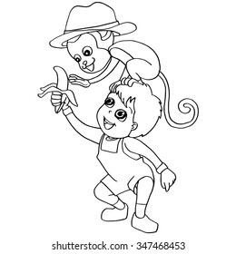 Coloring book child feeding monkey vector
