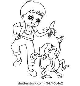 Coloring book child feeding monkey vector
