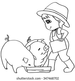 Coloring book  child feeding pig vector
