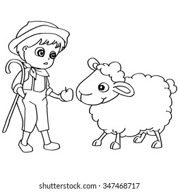 Coloring book child feeding sheeps vector
