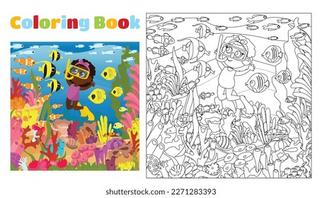 Coloring book for children from 4 to 11 years old. Under the water near the coral reefs, an aquadiver girl swims with fish. Cute baby is happy. Rich underwater marine world with many details.