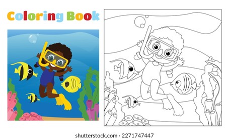 Coloring book for children from 4 to 11 years old. A happy girl in a swimsuit and fish swims near the coral reefs. Vertical scene in cartoon style.