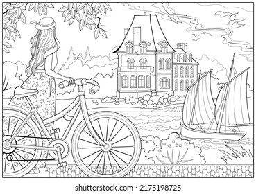 Coloring book for children and adults. Beautiful girl travels in Brittany seacoast on a bike. Black and white vector illustration. Image in zentangle style. Printable page for drawing and meditation.