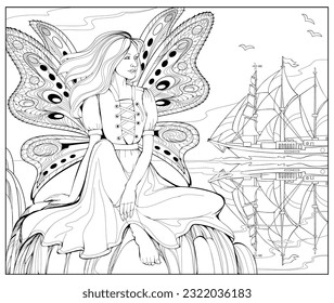 Coloring book for children and adults. Beautiful fairy sits on the seashore and looks at sailboat. Illustration in zen-tangle style. Printable page for drawing and meditation. Black and white vector.