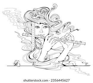 Coloring book for children and adults. Beautiful medieval girl playing the flute. Illustration in zen-tangle style. Printable page for drawing and meditation. Black and white vector.