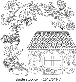 Coloring Book for children and adults. Colouring pictures with small house. Antistress freehand sketch drawing with doodle and zentangle elements.