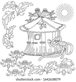 Coloring Book for children and adults. Colouring pictures with small house. Antistress freehand sketch drawing with doodle and zentangle elements.