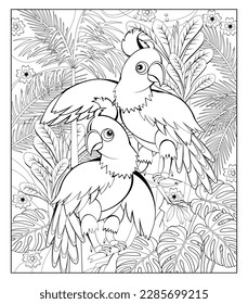 Coloring book for children and adults. Couple of cute cockatoo parrots in tropical garden. Illustration in zen-tangle style. Printable page for drawing and meditation. Black and white vector image.