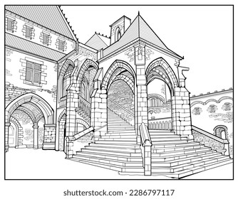 Coloring book for children and adults. Entrance in old French medieval castle. Buildings for coloring. Zen-tangle style. Printable page for drawing and meditation. Black and white vector Illustration