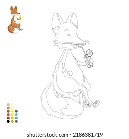 Coloring book for children and adults, a fox sitting on a chair with a cocktail with a color example.