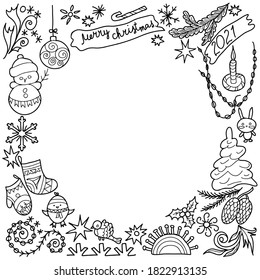 Coloring book for children and adults. Frame. Set of decorative Christmas elements. Hand drawn. Black and white vector illustration.