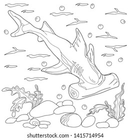 Coloring book for children and adults. Hammerhead shark. Hand drawn. Black and white vector illustration.