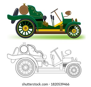 Coloring book for children and adults. Illustration of cute toy automobile model. Worksheet for kids. Colorful and black and white template for coloring. Flat vector.