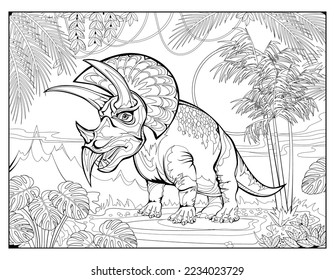 Coloring book for children and adults. Illustration of triceratops. Prehistoric dinosaur. Jurassic world. Black and white vector. Zentangle style image. Printable page for drawing and meditation.