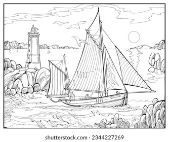 Coloring book for children and adults. Illustration ancient Celtic boat in the Gulf of Douarnenez. Sea landscape with an old sailboat and lighthouse. Black and white vector drawing. Printable page.