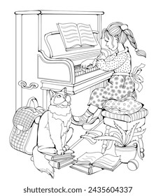 Coloring book for children and adults. Illustration of cute little girl playing piano for her cat. Printable page for drawing and meditation. Black and white vector template.