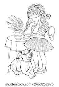 Coloring book for children and adults. Illustration of little cute girl with her dog  admiring herself in the mirror. Printable page for drawing and meditation. Black and white vector template.